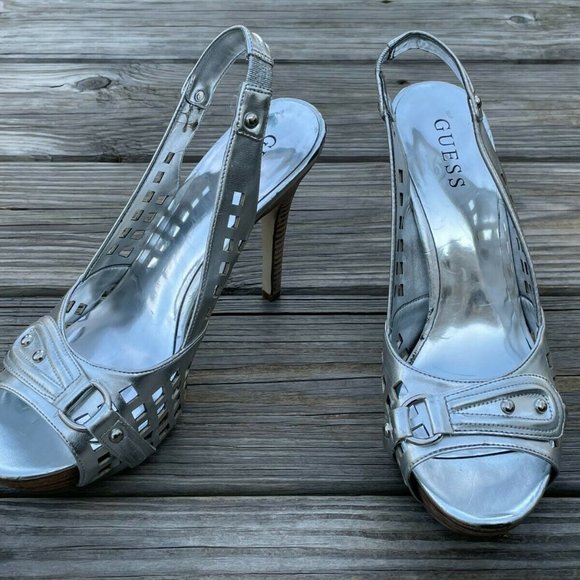 Guess Women Heel Shoes Silver Tone Leather Upper Open Toe Shoes Size 9M - Picture 2 of 12